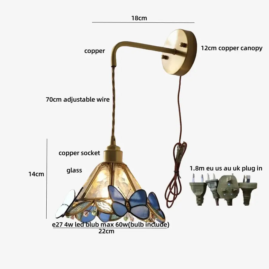 Brass orange butterfly stained glass wall light fixture with copper sconce and blue and white butterfly motifs