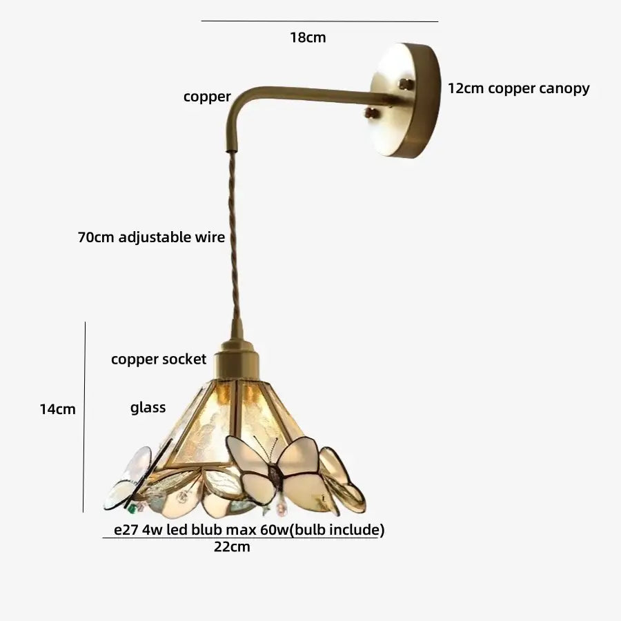 Vintage-style brass orange butterfly stained glass wall light fixture with copper sconce and adjustable wire for bedroom