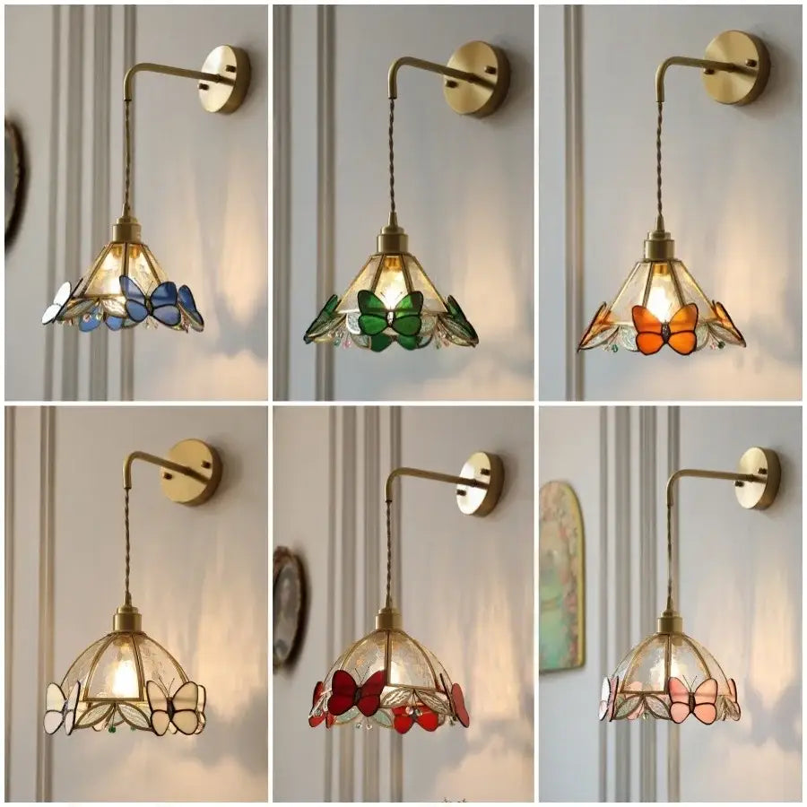 Brass orange butterfly stained glass wall light fixture with colorful handcrafted butterfly motifs for bedroom use