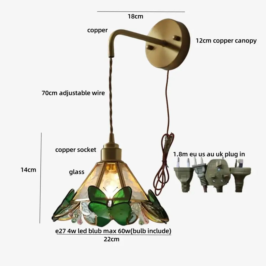 Antique-style copper wall light fixture with brass orange butterfly and green leaf stained glass shade for bedroom use