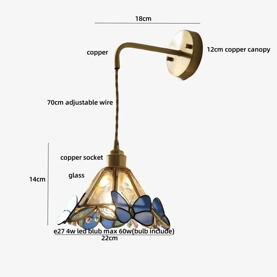 Brass orange butterfly stained glass wall light fixture with decorative copper sconce and blue white butterfly shade