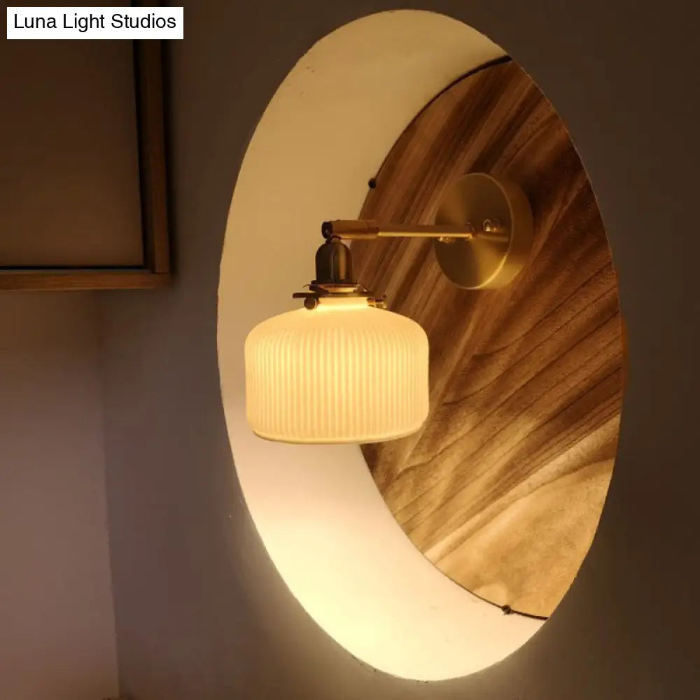 DecorBites™ Brass Pivot Joint Foyer Sconce: Round Ribbed Glass Wall Light with White Simplicity (1 Bulb)