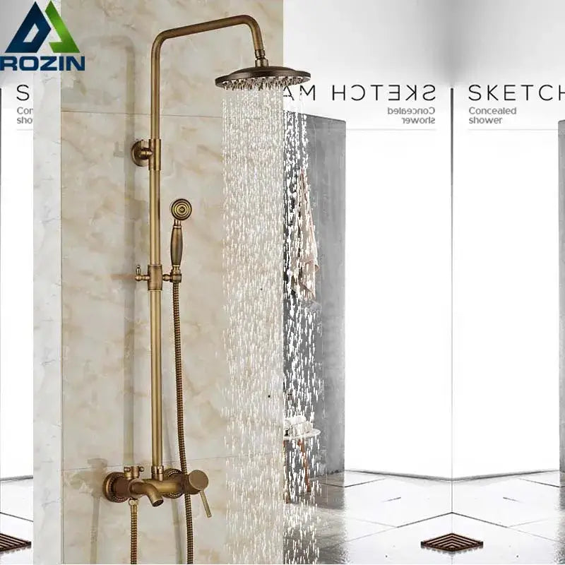 Brass rainfall shower faucet with rainfall shower and handheld spray in brass finish for bathroom use