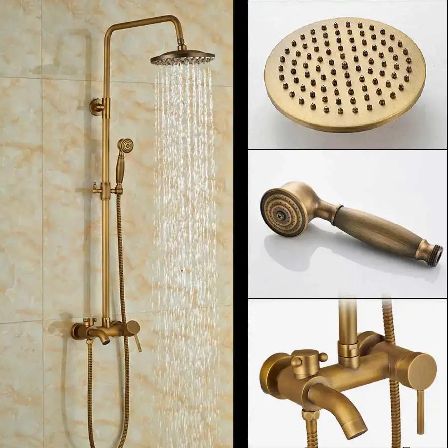 Brass-finished rainfall shower faucet with rainhead, handheld sprayer, and mixing valve for bathroom use