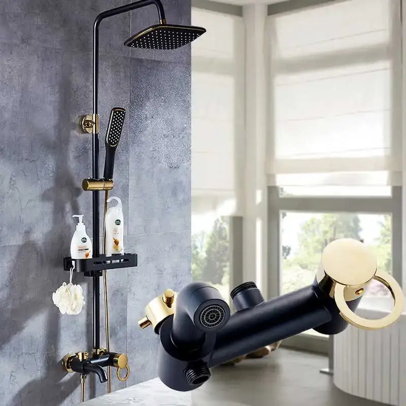 Black and gold brass rainfall shower faucet with square rainhead handheld spray and integrated shelf bathroom set