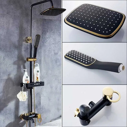 Black and gold brass rainfall shower faucet with rectangular rainhead handheld sprayer and wall-mounted shower faucet