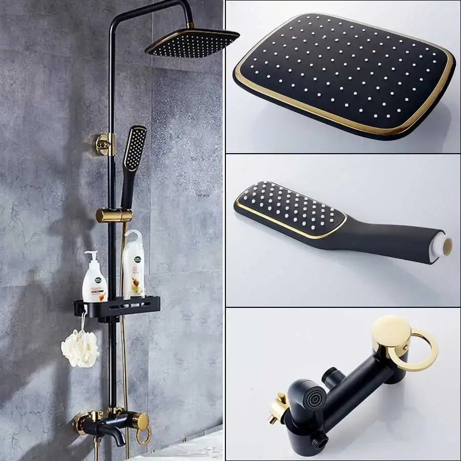 Black and gold brass rainfall shower faucet with rectangular rainhead handheld sprayer and wall-mounted shower faucet