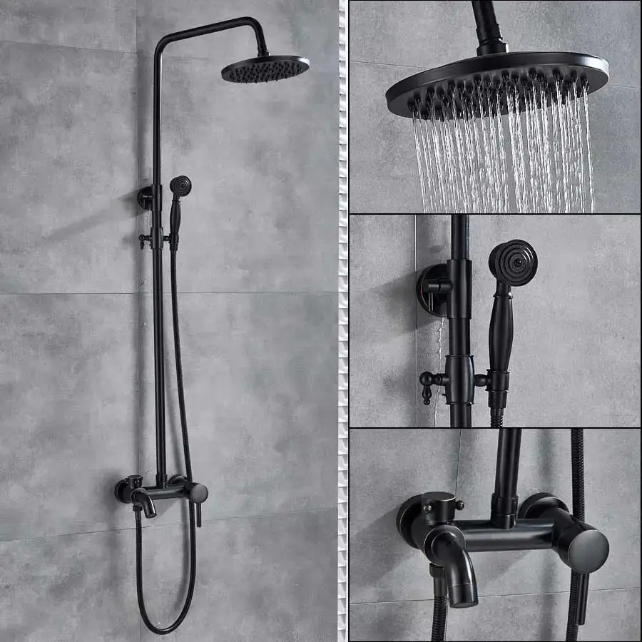 Black matte brass rainfall shower faucet with fixed overhead rainhead handheld spray and wall-mounted control valve
