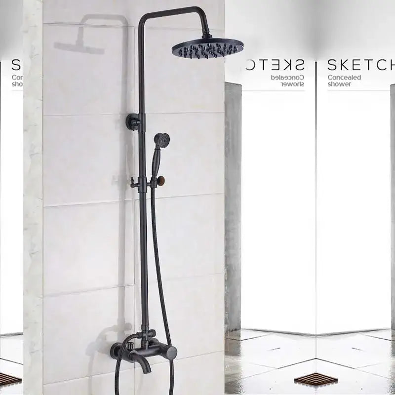 Black matte rainfall shower faucet with round rainhead and handheld spray nozzle bathroom set