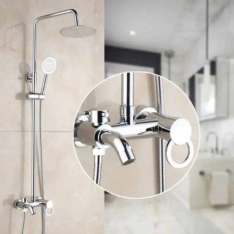 Chrome-finished brass rainfall shower faucet with sleek modern design and white circular handles for bathroom use