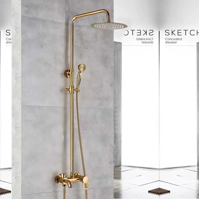 Brass rainfall shower faucet set with gold finish includes tall vertical pipe circular rainhead and handheld spray nozzle