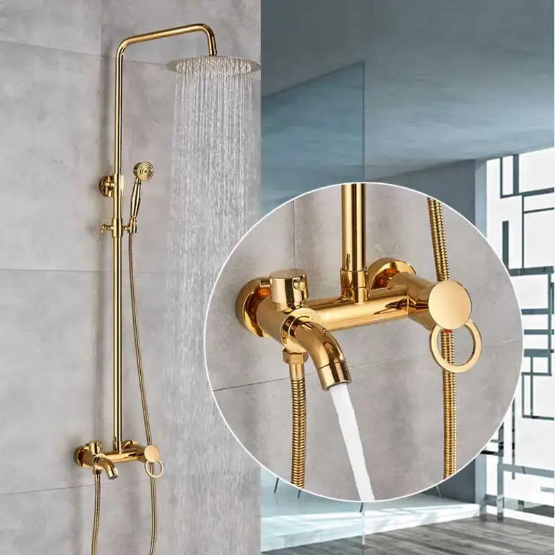 Gold-finished brass rainfall shower faucet with tall rainhead handheld sprayer and textured hose fittings