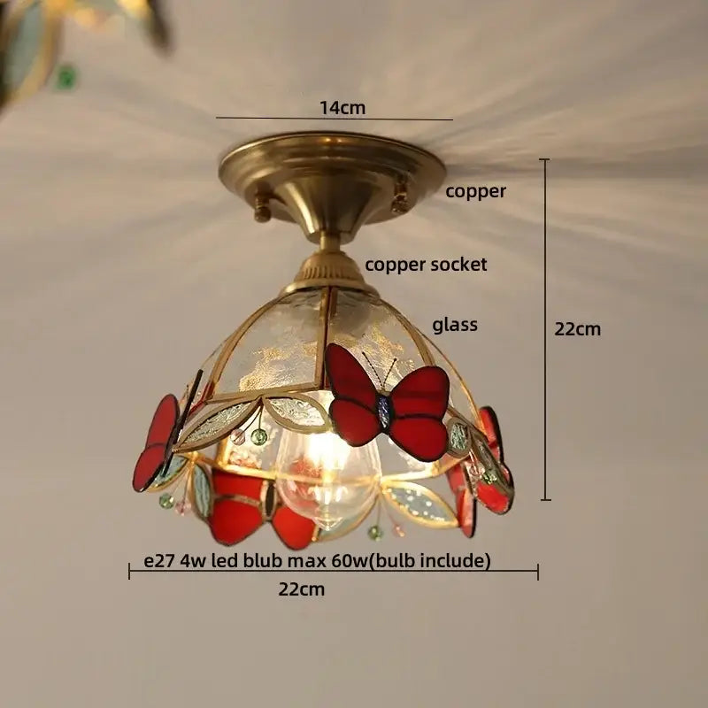 Brass red butterfly glass led ceiling light with decorative copper and glass featuring red stained-glass butterflies and leaves