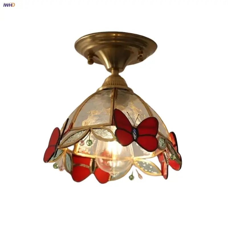 Brass ceiling light with red butterfly glass led shade and green accents for bedroom decorbites butterfly glass lighting