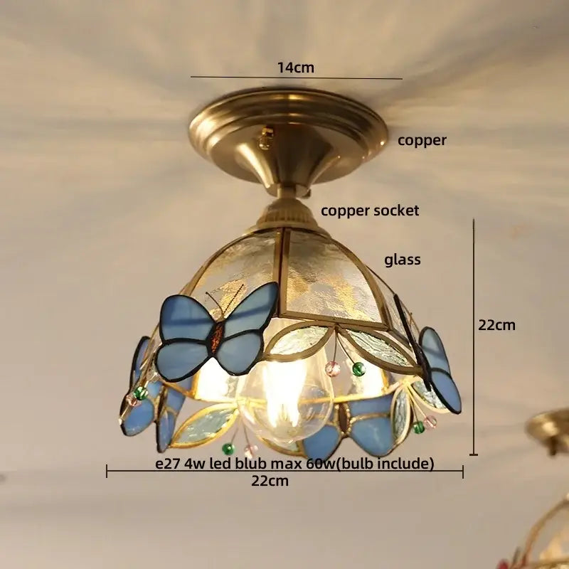Decorative ceiling light with copper base and blue stained-glass butterflies for butterfly glass led decorbites butterfly glass