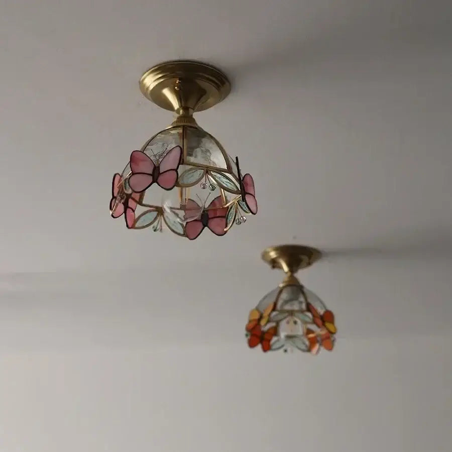 Brass ceiling light with red butterfly glass led stained glass dome for bedroom decorbites butterfly glass lighting