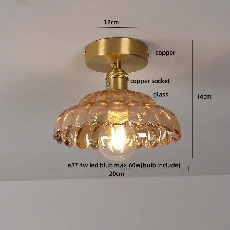Vintage-style brass red butterfly glass led ceiling light with copper base and amber petal-shaped glass shade for decorbites bedroom decor