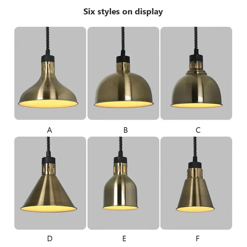 Brass retractable pendant light with black cords and metallic fixtures electric 275w food heat for kitchen use