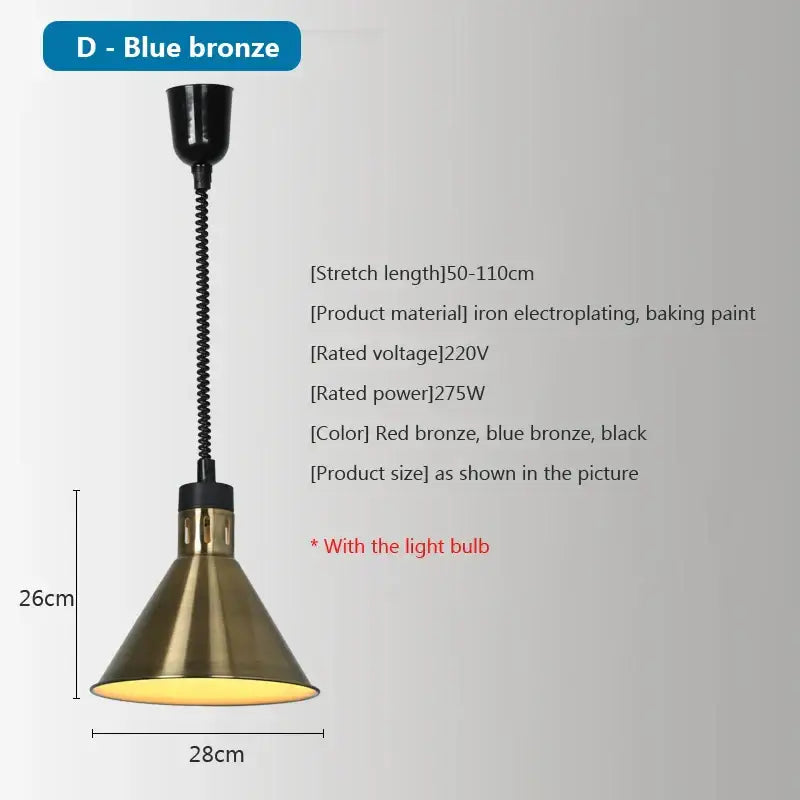 Blue bronze industrial pendant light with conical shade and black coiled chain for brass retractable electric 275w food heat use