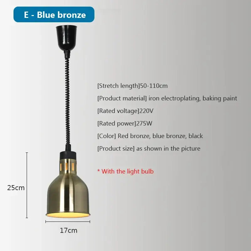 Blue bronze industrial pendant light with flexible black coiled cord and brass shade for electric 275w food heat use
