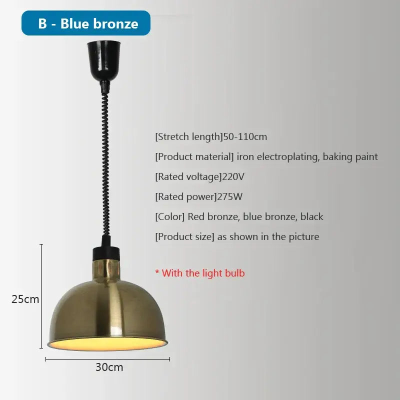 Blue bronze pendant light with flexible black coiled cord and warm yellow diffuser for electric 275w food heat use