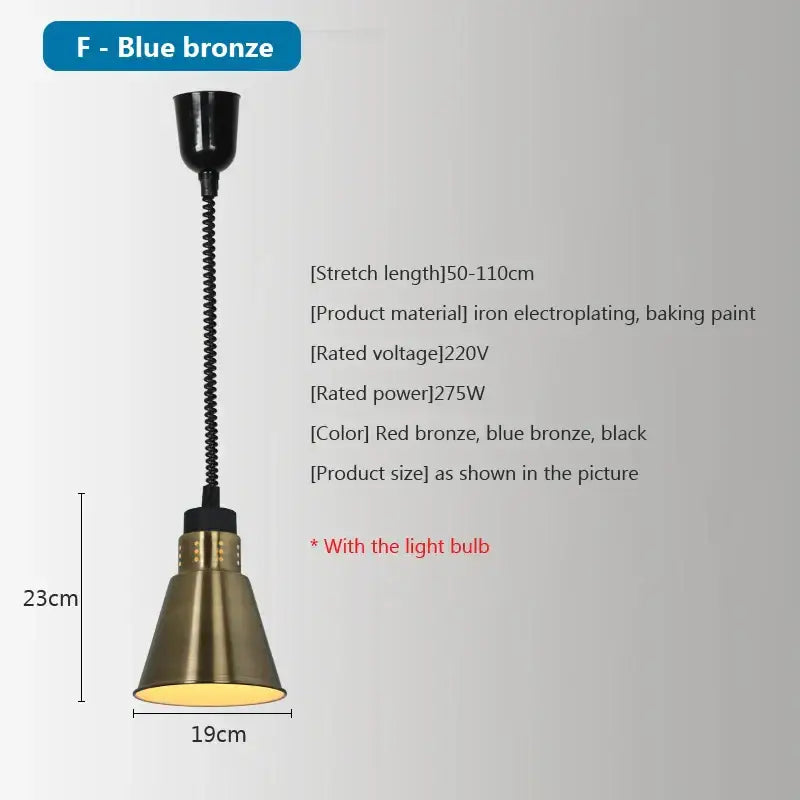 Blue bronze industrial-style brass retractable pendant light with flexible coiled cord electric 275w food heat use