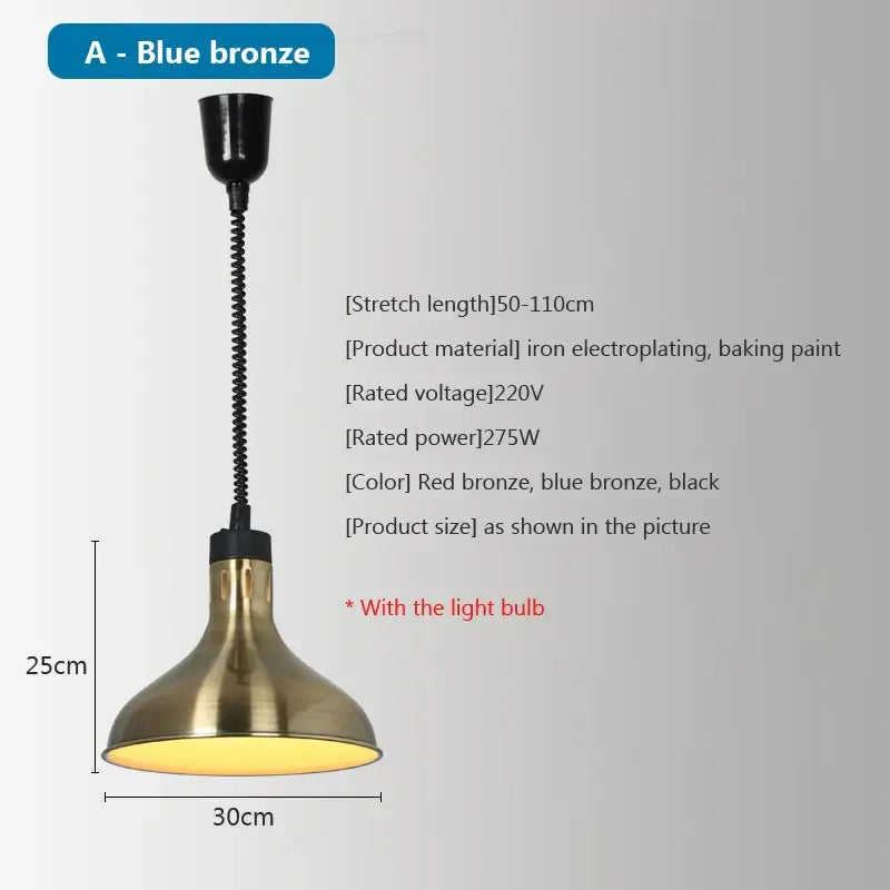 Blue bronze industrial pendant light with flexible black coiled cord and warm yellow interior for electric 275w food heat