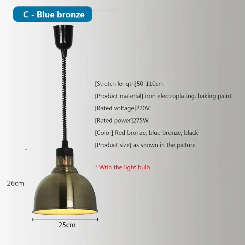 Blue bronze industrial pendant light with flexible black coil cord and warm diffuser for electric 275w food heat use