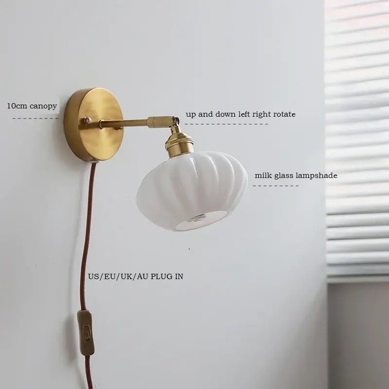 Brass ribbed ceramic led wall sconce lamp with brass finish and off-white milk glass shade for bedroom mirror lighting decorbites ceramic led