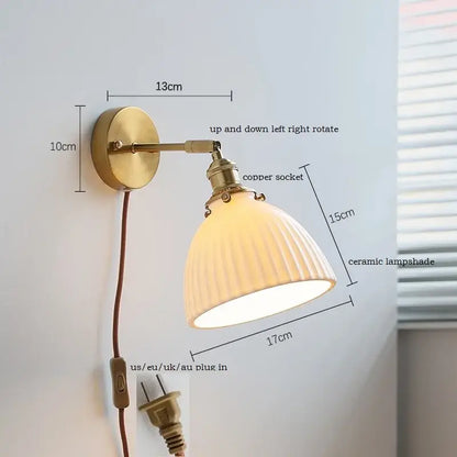 Brass ribbed ceramic led wall sconce with off-white shade and adjustable copper socket for bedroom mirror lighting decorbites ceramic led