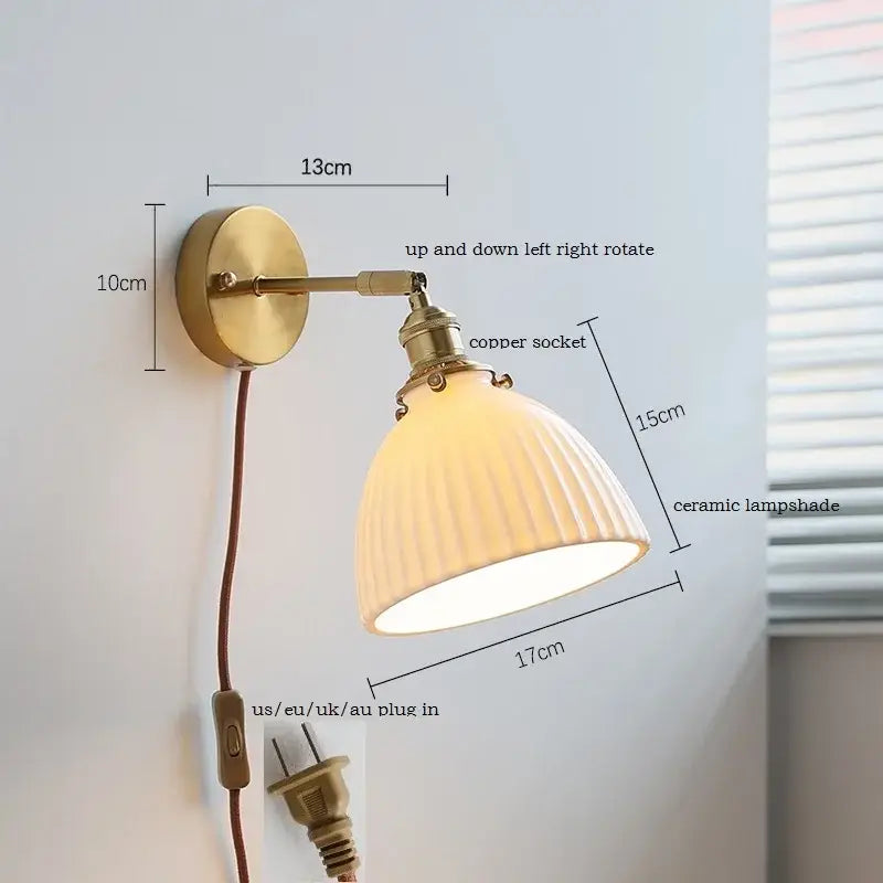 Brass ribbed ceramic led wall sconce with off-white shade and adjustable copper socket for bedroom mirror lighting decorbites ceramic led