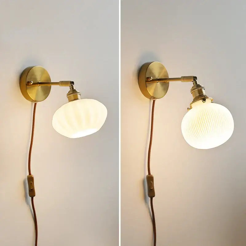 Brass ribbed ceramic led wall sconce lamp with frosted glass globe for bedroom mirror lighting by decorbites ceramic led