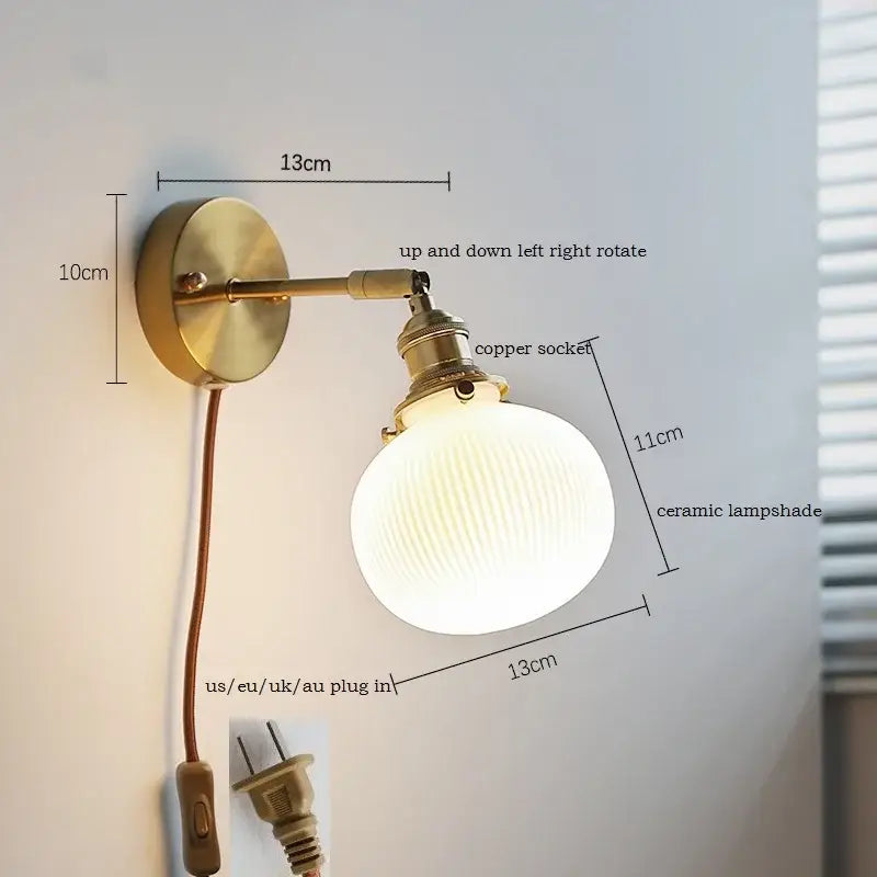 Vintage-style brass ribbed ceramic led wall sconce lamp for bedroom mirror lighting by decorbites ceramic led