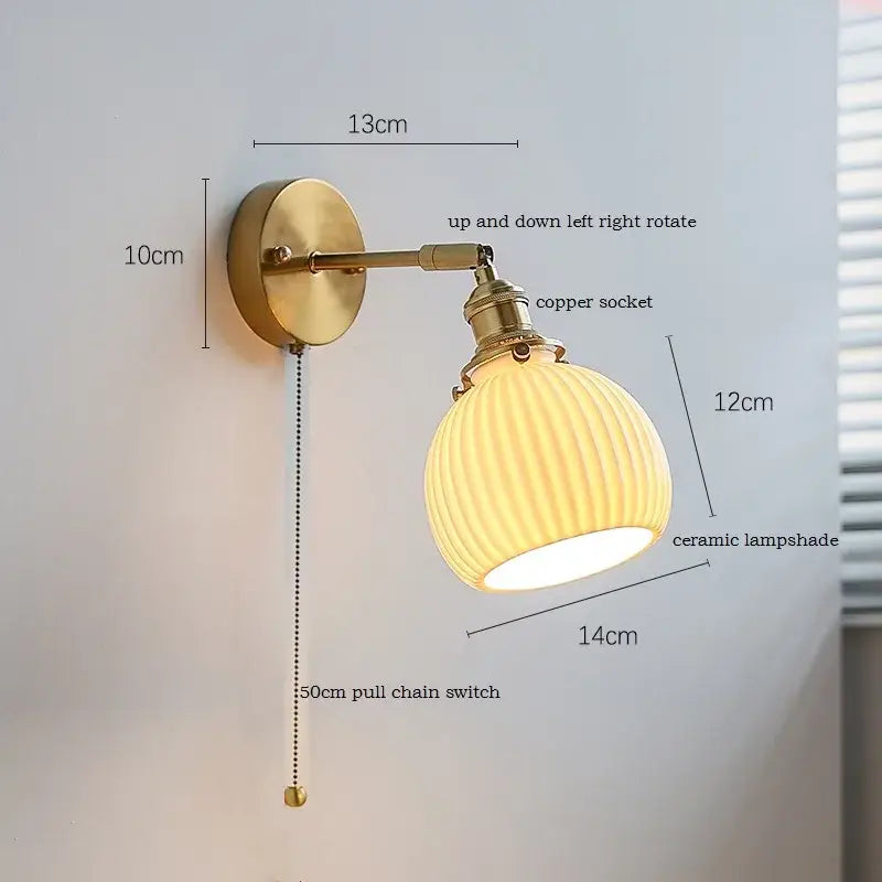 Vintage brass led wall sconce with ribbed ceramic led shade and adjustable copper socket for bedroom mirror lighting decorbites ceramic led