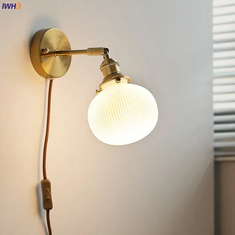 Brass ribbed ceramic led wall sconce lamp with frosted glass globe for bedroom mirror lighting by decorbites ceramic led