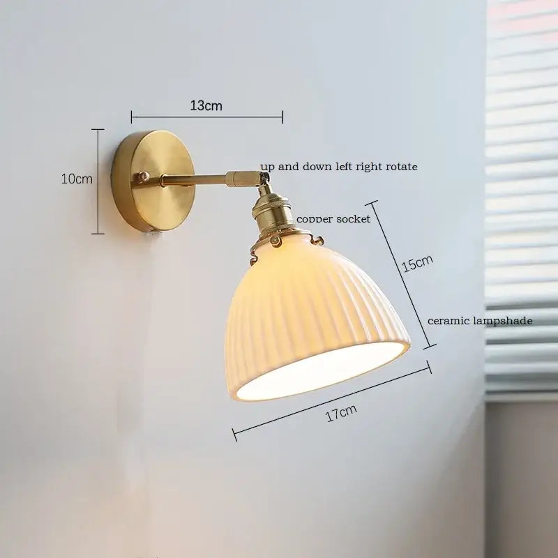 Brass ribbed ceramic led wall sconce lamp with copper socket and off-white shade for bedroom mirror lighting decorbites ceramic led