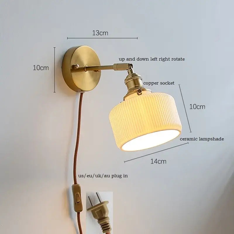 Vintage-style brass wall sconce with iron arm and ribbed decorbites ceramic wall lampshade for bedroom lighting