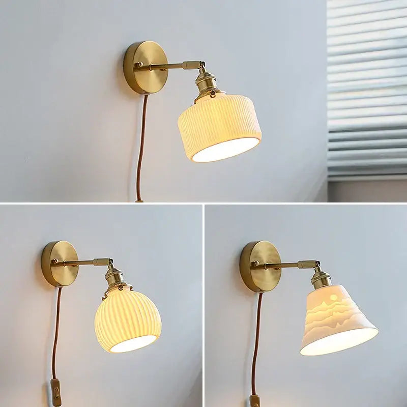 Brass ribbed decorbites ceramic wall sconce with off-white shade and iron arm for bedroom lighting