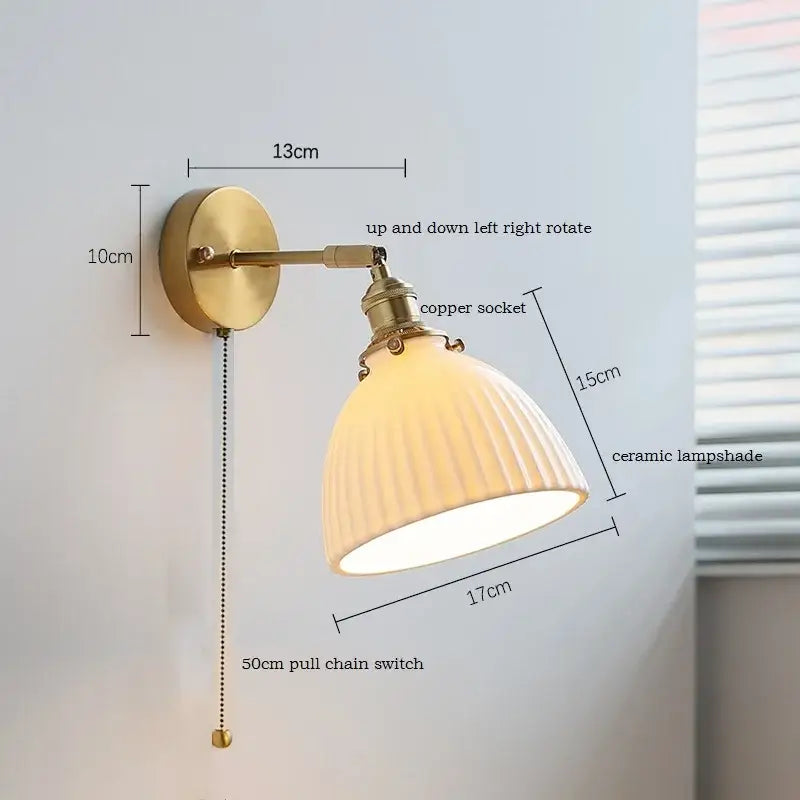 Brass ribbed decorbites ceramic wall sconce with iron arm, adjustable reading lamp with cream ribbed shade and copper socket