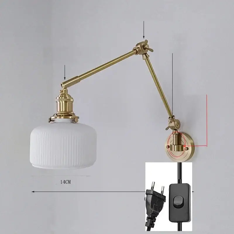 Adjustable brass wall lamp with white ribbed glass shade featuring decorbites ceramic copper led design for bedroom sconce
