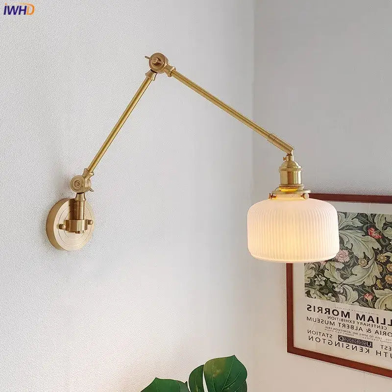 Brass-finished adjustable wall lamp with ribbed frosted glass shade by decorbites ceramic copper led for bedroom sconce decor