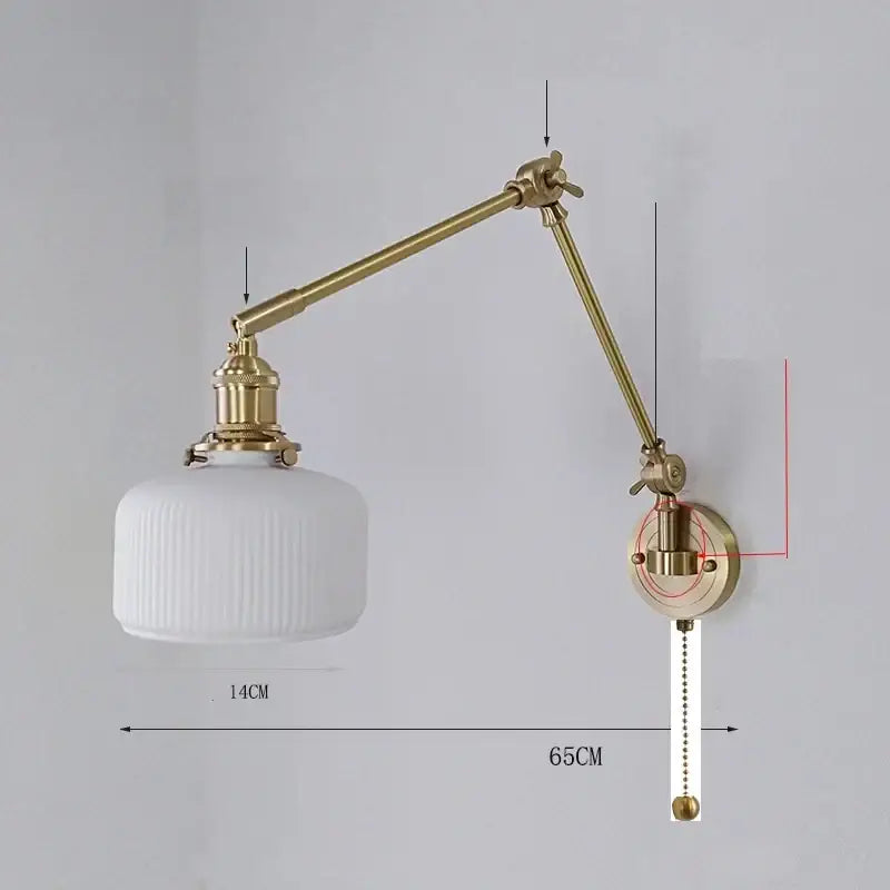 A vintage-style brass wall lamp with a white ribbed glass shade and adjustable arm for bedroom decorbites ceramic copper led use