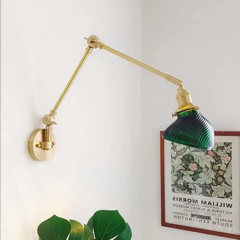 Brass wall lamp with adjustable arm and green ribbed glass shade decorbites ceramic copper led bedroom sconce