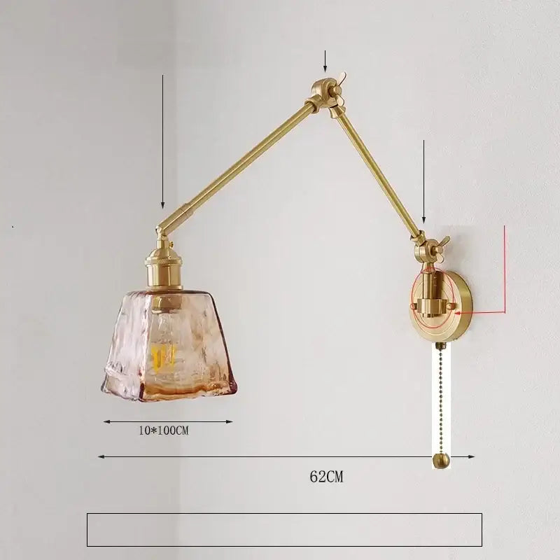 Brass adjustable wall lamp with ribbed ceramic copper led amber glass shade and pull-chain switch for bedroom decorbites ceramic copper