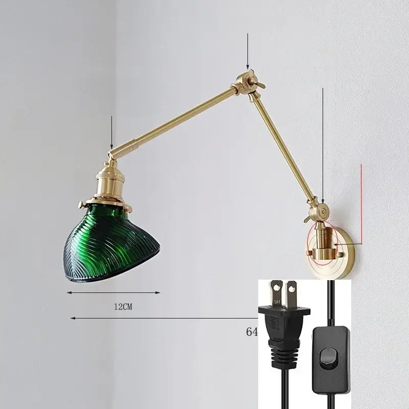 Brass wall lamp with green ribbed glass shade decorbites ceramic copper led bedroom sconce for elegant lighting