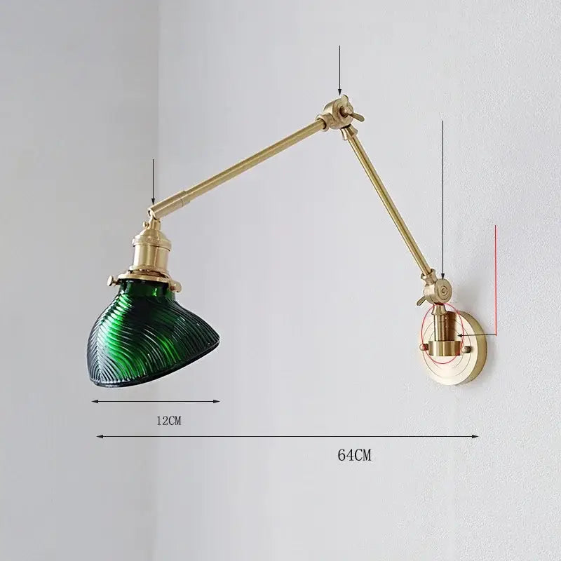 Brass wall lamp with adjustable arm and textured deep green ceramic copper led glass shade for decorbites decor