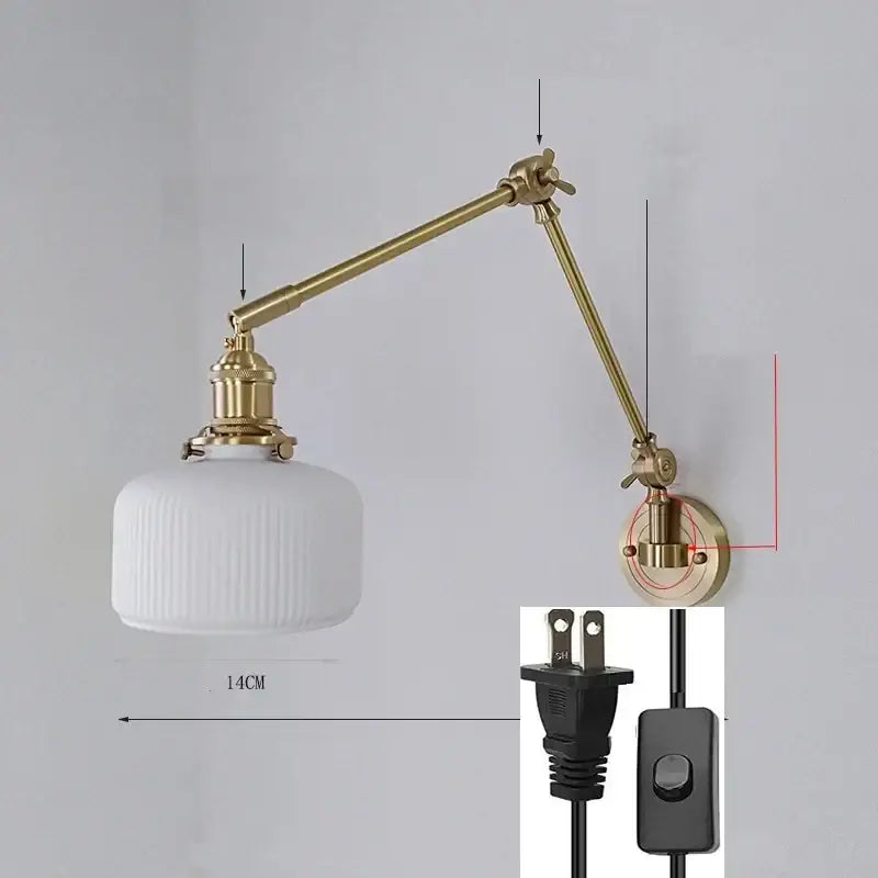 A brass adjustable wall lamp with a white ribbed glass shade for decorbites ceramic copper led bedroom sconce