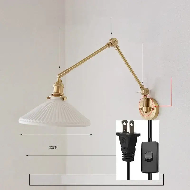 Brass-finished adjustable wall lamp with white ribbed glass shade for decorbites ceramic copper led bedroom sconce