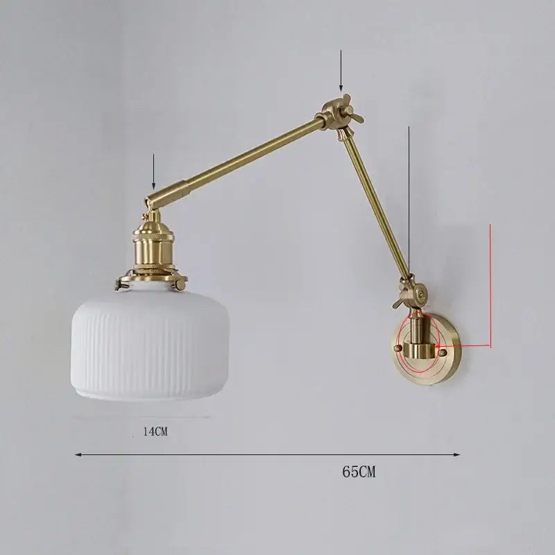 Vintage brass wall lamp with white ribbed glass shade and adjustable ceramic copper led arms by decorbites