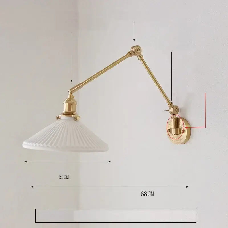 White ribbed glass lampshade on brass adjustable arm wall lamp by decorbites ceramic copper led bedroom sconce